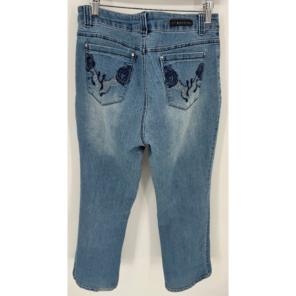 Baccini Womens Embellished Floral Rose Pocket Straight Leg Denim Jeans